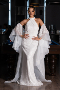 Standesamtkleid Lang Perlenbesetzt Weiß ABU6348
