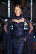 Abendkleid Lang Perlenbesetzt Marineblau ABU6377