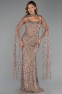 Abendkleid Lang Perlenbesetzt Hellbraun ABU6401