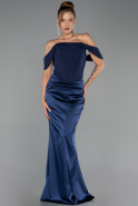 Abendkleid im Meerjungfrau-Stil Lang Satin Marineblau ABU6525