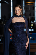 Abendkleid Lang Perlenbesetzt Marineblau ABU6569