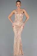 Abendkleid Lang Perlenbesetzt Gold ABU6433