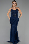 Abendkleid im Meerjungfrau-Stil Lang Spitze Marineblau ABU6621