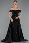 Abendkleid Lang Perlenbesetzt Schwarz ABU6329