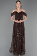 Abendkleid Lang Perlenbesetzt Braun ABU6659