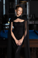 Abendkleid Lang Perlenbesetzt Schwarz ABU6544