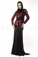 Hijab Kleid Schwarz-Weinrot M1391