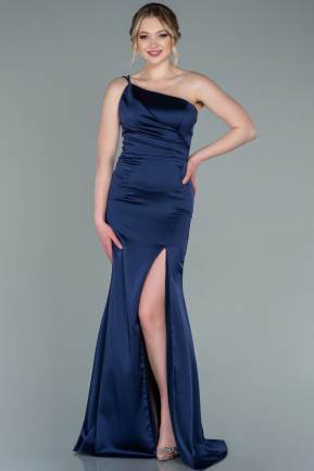 Abendkleid im Meerjungfrau-Stil Lang Satin Marineblau ABU2335