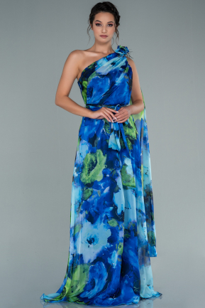Abendkleid Lang Chiffon Blau mit Blumenmuster ABU2492