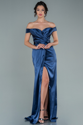 Abendkleid im Meerjungfrau-Stil Lang Satin Marineblau ABU2585