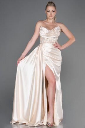 Beige Abendkleid Satin Lang ABU4287