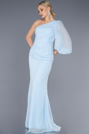 Buz Mavisi Tek Kol Uzun Şifon Abiye Elbise ABU3677