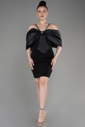 Siyah Fiyonk Tasarım Kısa Davet Elbisesi ABK2020