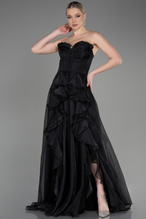 Siyah Straplez Yırtmaçlı Dalya Uzun Mezuniyet Elbisesi ABU3720