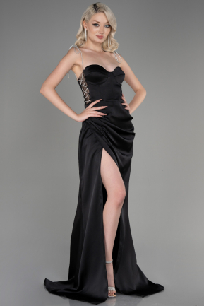 Black Strapless Slit Long Satin Evening Dress ABU3866