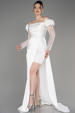 White Long Sleeve Slit Satin Evening Dress ABU3867