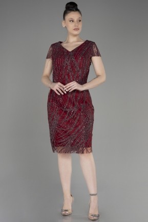 Burgundy Short Sleeve Glittery Plus Size Invitation Dress ABK2050