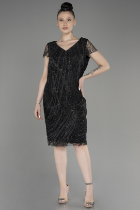 Black Short Sleeve Glittery Plus Size Invitation Dress ABK2050