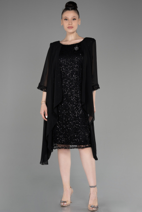 Black Capri Sleeve Chiffon Plus Size Evening Dress ABK2052