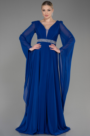Saks Mavi Uzun Şal Kol V Yaka Şifon Abiye Elbise ABU3541