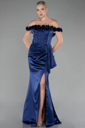 Abendkleid im Meerjungfrau-Stil Lang Satin Marineblau ABU4055