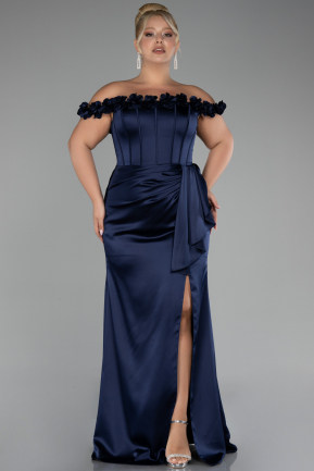 Marineblau Abendkleid İn Übergröße Satin Lang ABU4046