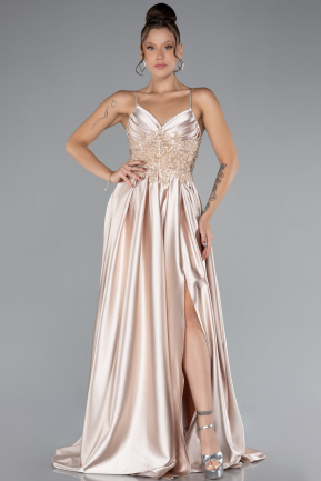 Beige Abendkleid Satin Lang ABU4133