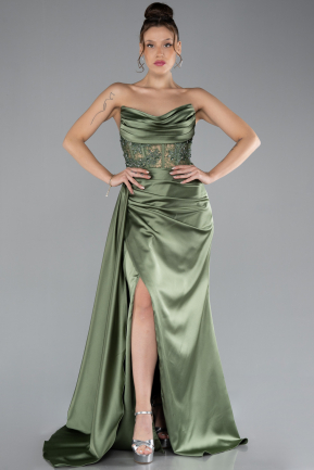 Khaki Abendkleid Satin Lang ABU4366