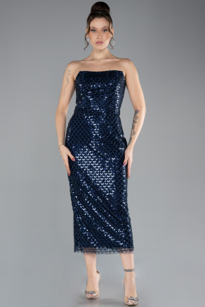 Partykleid Midi Steinbesetzt Marineblau ABK2176