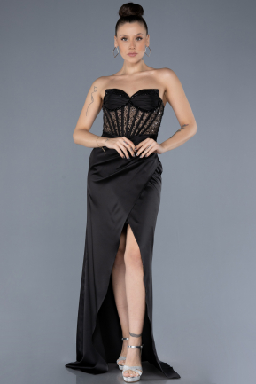 Abendkleid Lang Satin Schwarz ABU4568