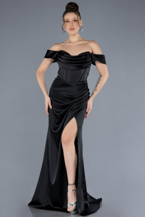 Abschlusskleid Lang Satin Schwarz ABU4582