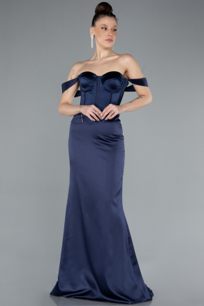 Abendkleid im Meerjungfrau-Stil Lang Satin Marineblau ABU4665