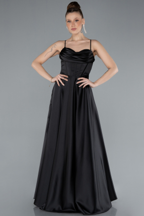 Abschlusskleid Lang Satin Schwarz ABU4684