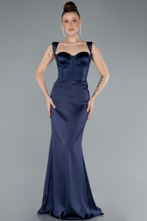 Abendkleid im Meerjungfrau-Stil Lang Satin Marineblau ABU4665