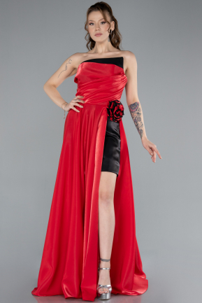 Abendkleid Lang Satin Schwarz-Rot ABU4705