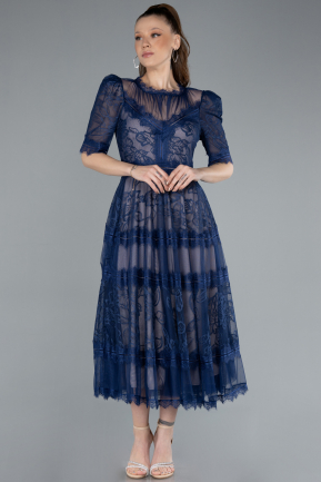 Marineblau Abendkleid Spitze Midi ABK1388