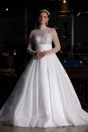 Hochzeitskleider Lang Satin Weiß ABU4249