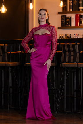 Abendkleid Lang Satin Fuchsie ABU4765