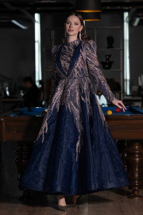 Hijab-Abendkleid Midi Marineblau ABK2311