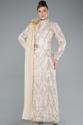Hijab-Abendkleid Lang Spitze Beige ABU4933