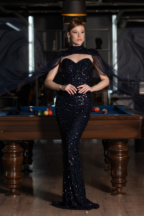 Abendkleid Lang Schuppig Marineblau ABU4910