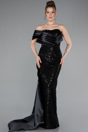 Abendkleid im Meerjungfrau-Stil Lang Perlenbesetzt Schwarz ABU4986