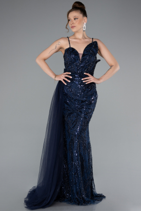 Abendkleid Lang Perlenbesetzt Marineblau ABU5003