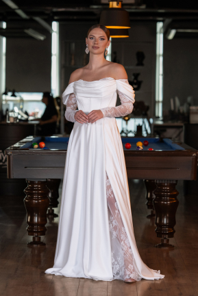 Standesamtkleid Lang Satin Weiß ABU5054