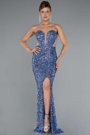 Abendkleid im Meerjungfrau-Stil Lang Schuppig Indigo ABU4790
