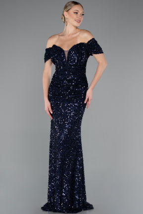 Abendkleid im Meerjungfrau-Stil Lang Schuppig Marineblau ABU4906