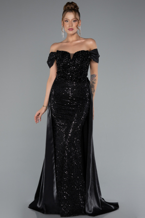 Abendkleid Lang Perlenbesetzt Schwarz ABU5099