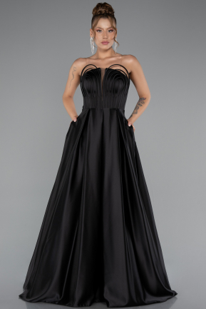 Abschlusskleid Lang Satin Schwarz ABU5105