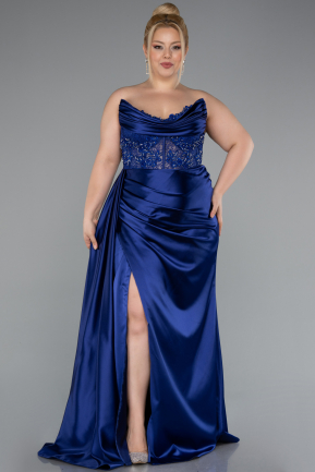 Abschlusskleid In Übergröße Lang Satin Marineblau ABU3855