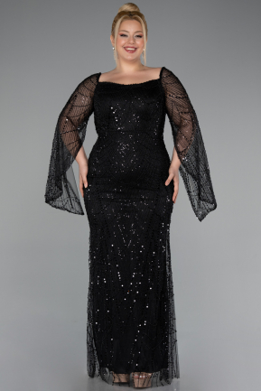 Abendkleid in Übergröße Lang Perlenbesetzt Schwarz ABU5067